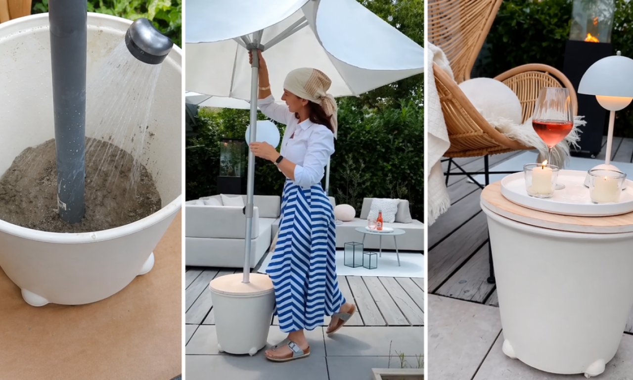 NAPRAVITE POSTOLJE ZA SUNCOBRAN Od obične saksije napravite luksuzno postolje za suncobran i stočić (DIY VIDEO)